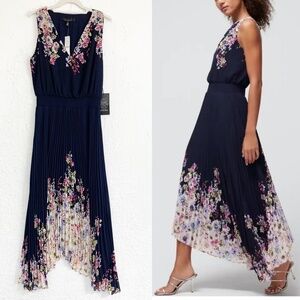 White House Black Market Navy Floral Smocked Pleated Midi Dress Sz 6